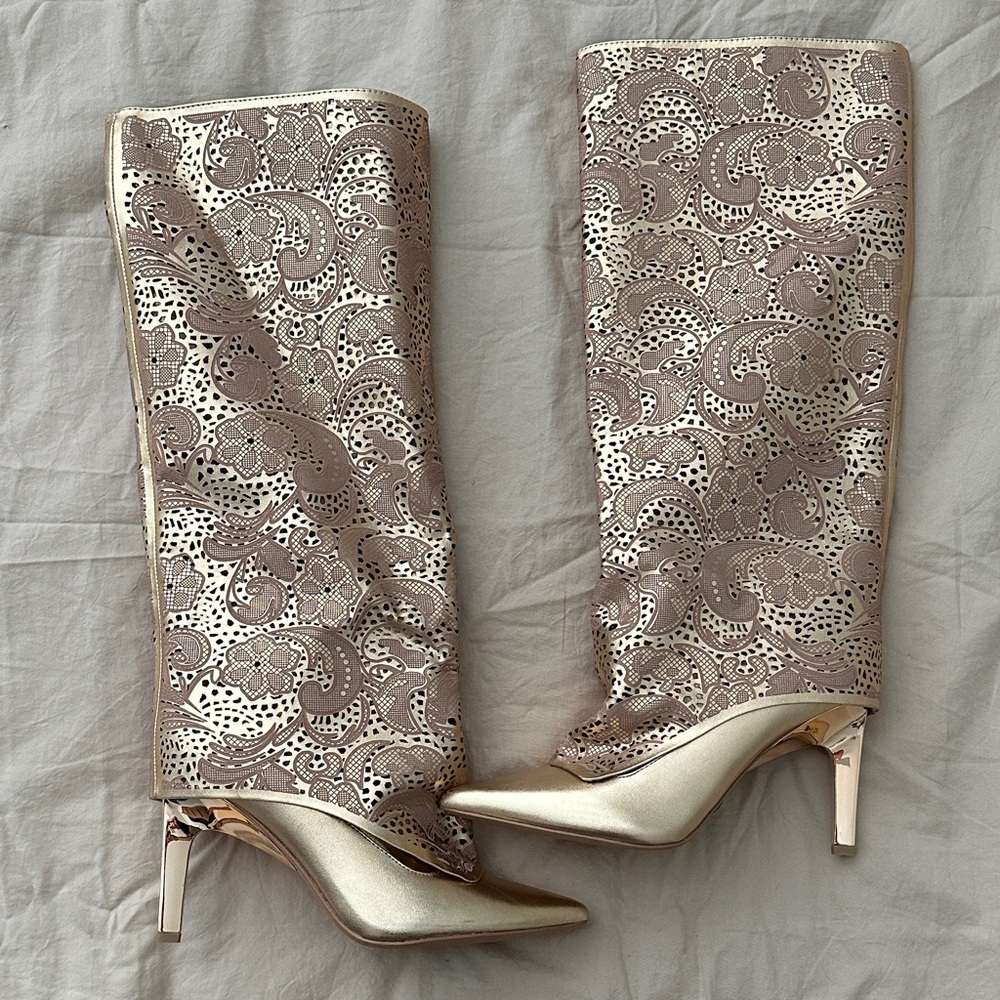 Jessica Simpson Gold and Cream Lace Heeled Boots